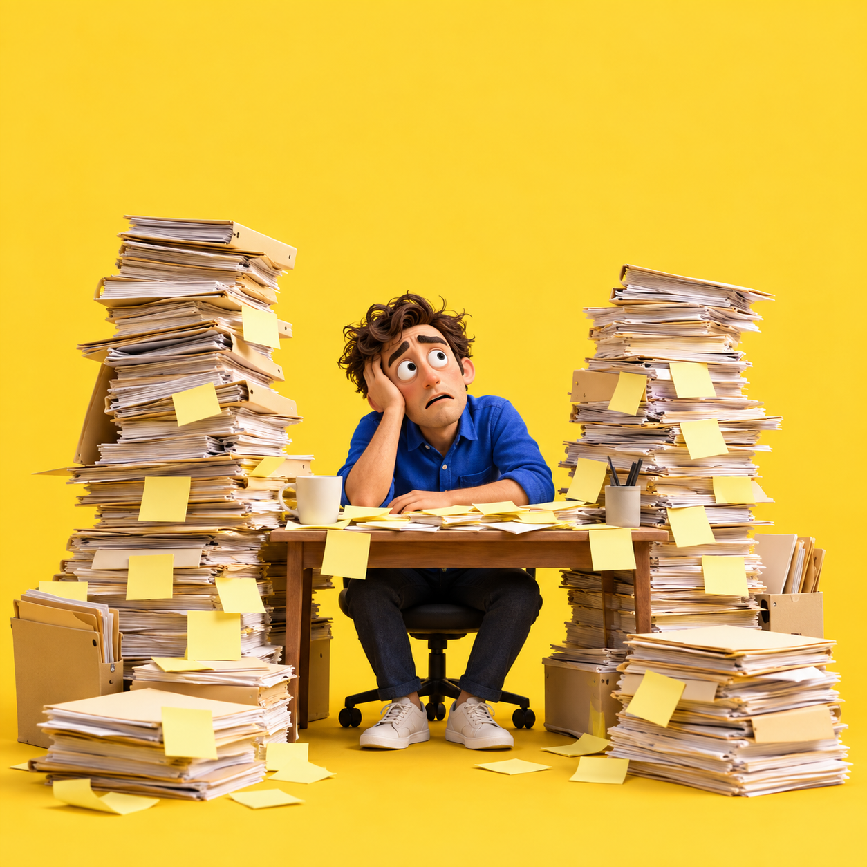 A fictional founder buried in an absurd mountain of paperwork